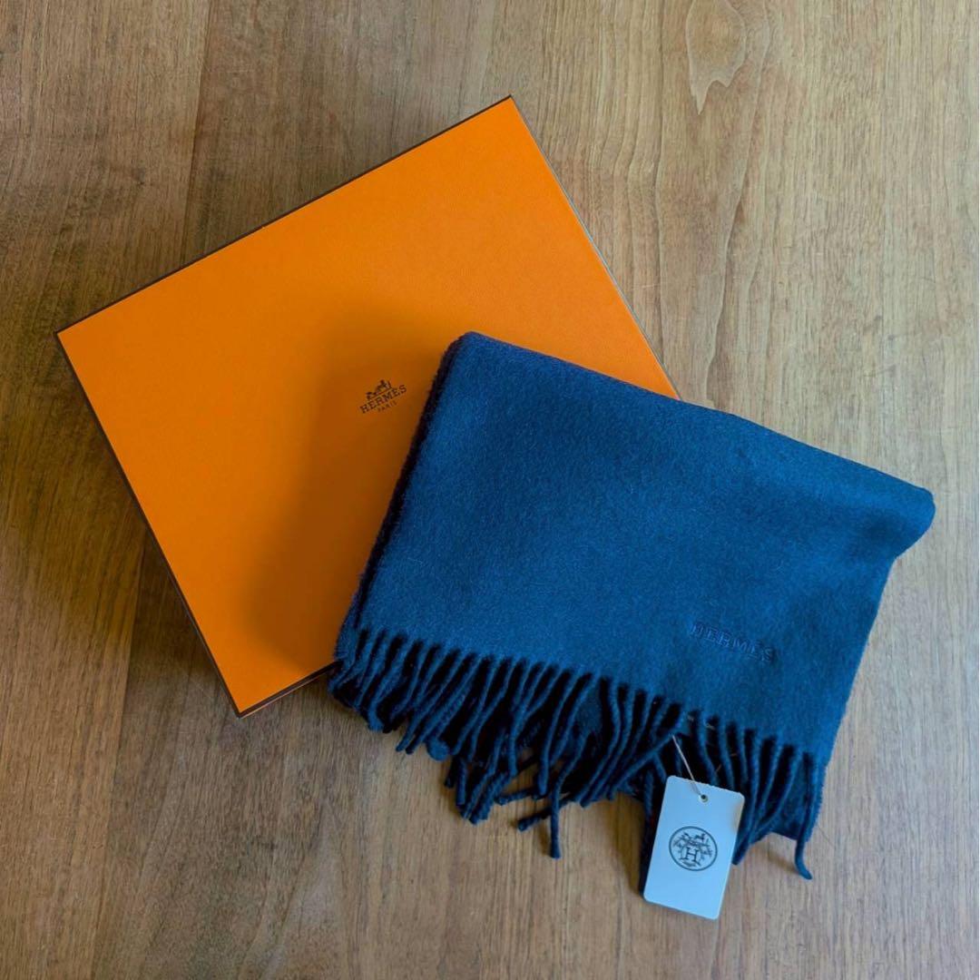 新品 タグ付き エルメス カシミヤ 1マフラーブルー ネイビー イギリス製