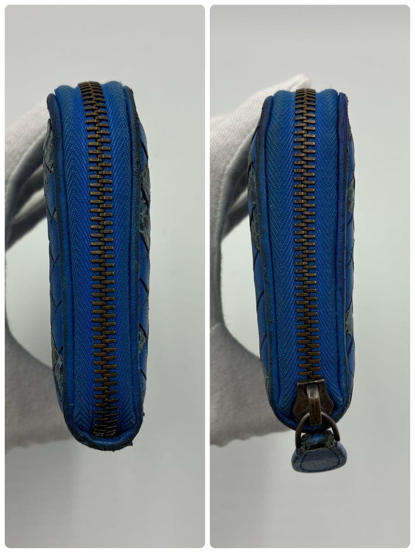 ボッテガヴェネタ　長財布　イントレチャート　ラウンドファスナー　青　パイソン