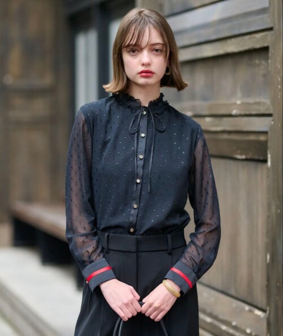 新品・未使用　DRESSTERIOR フィルムドットフリルネックブラウス 黒