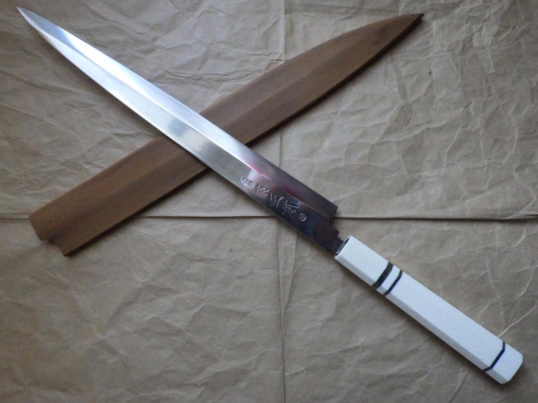 正本★柳刃刺身包丁・水焼★人工象牙八角柄★鞘付属★