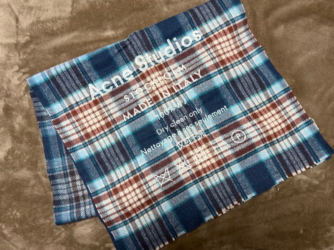 美品 Acne Studios 大判 ウール マフラー チェック ブルー