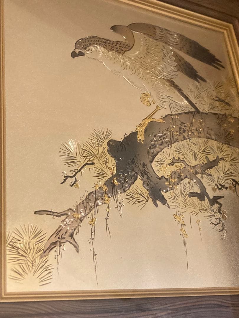 堀口光彦 彫金額 松樹鷹図 金工作品 額装