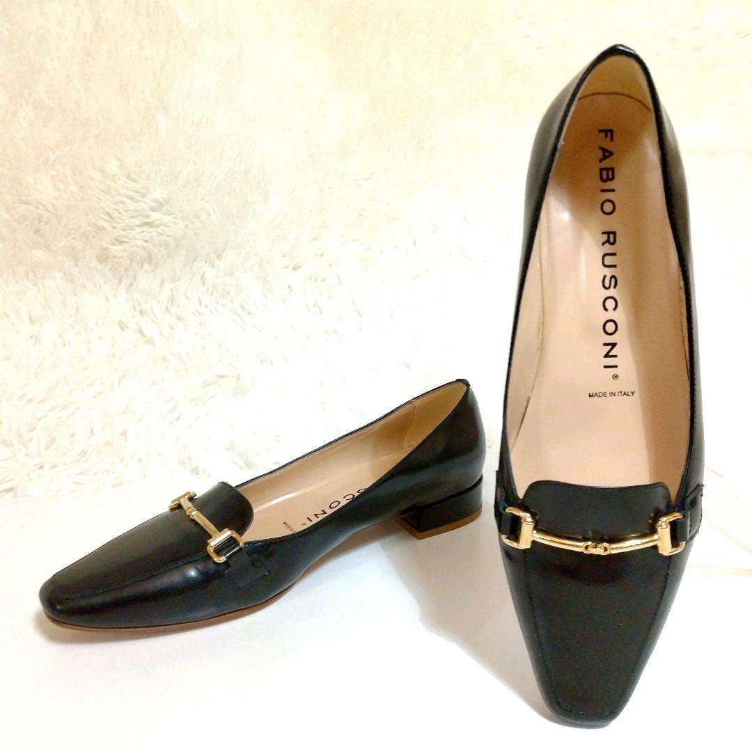極美品 ファビオルスコーニ 本革 24.5 ビットローファー ローヒール 黒