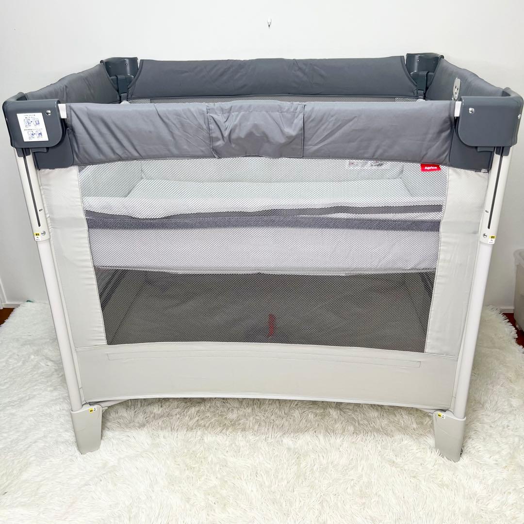 極美品 Aprica ココネルエアーAB ベビーベッド 折りたたみ グレーベア