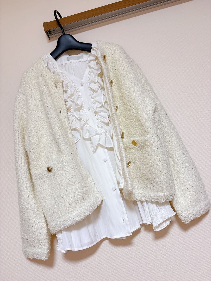 美品セルフォード2点/ツィードニットジャケット/割線フリルチュニックブラウス