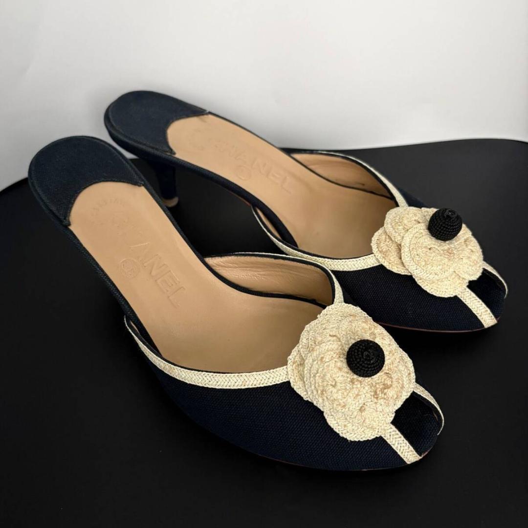 シャネル ミュール パンプス カメリア フラワー ヒール 36.5 23.5cm