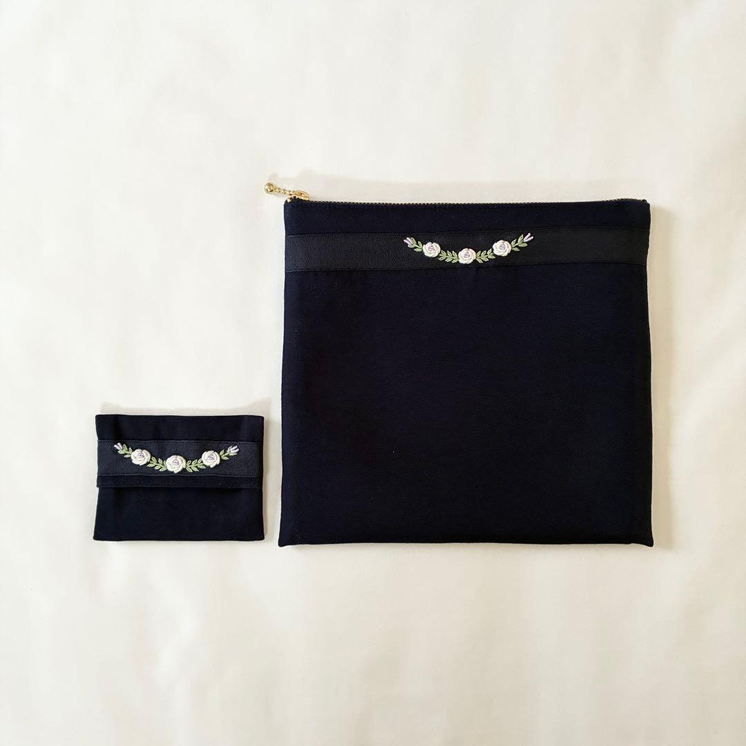 こん　手刺繍　シューズバッグ　サブバッグ　ティッシュケース　【1/2】