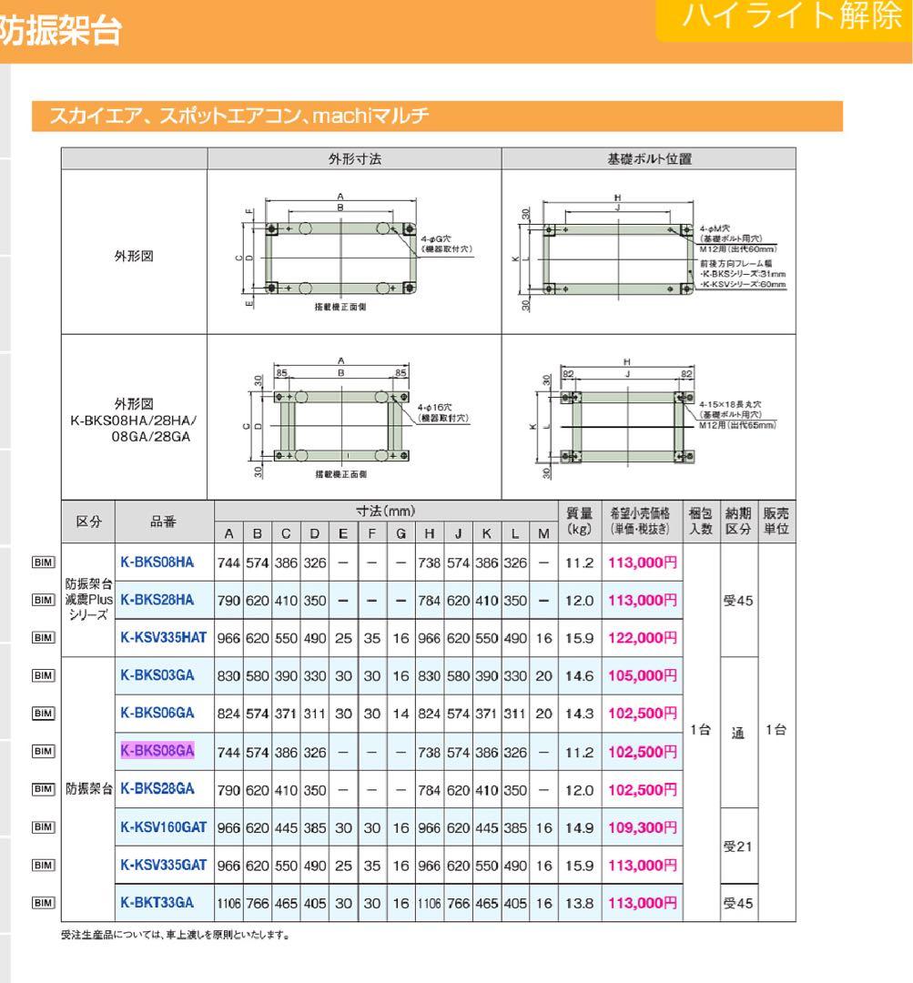 エアコン用防震架台　オーケー器材　　型式：K-BKS08GA ダイキン