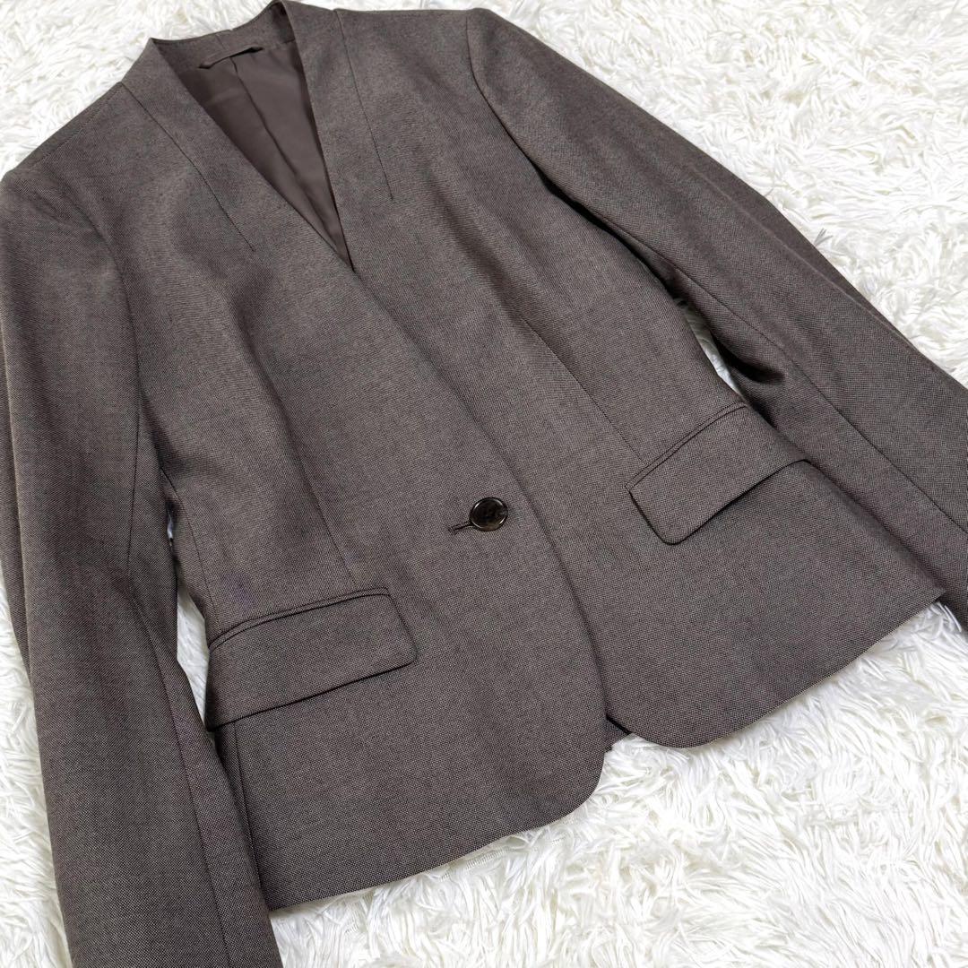 【極美品】現行 近年 スーツスクエア パンツスーツ ノーカラー 上下セット 茶