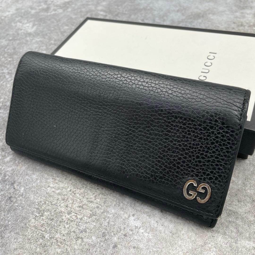 【美品】GUCCI グッチ　長財布　レザー　黒　ブラック　シボ革　折り財布