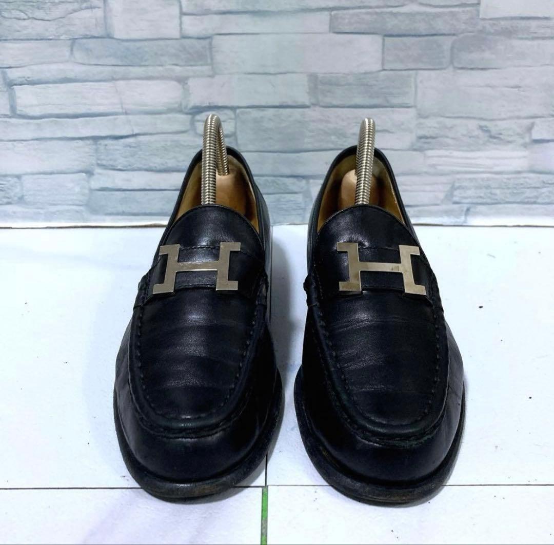 高級　HERMESエルメス　モカシンパリローファー　黒　シルバー　23.5