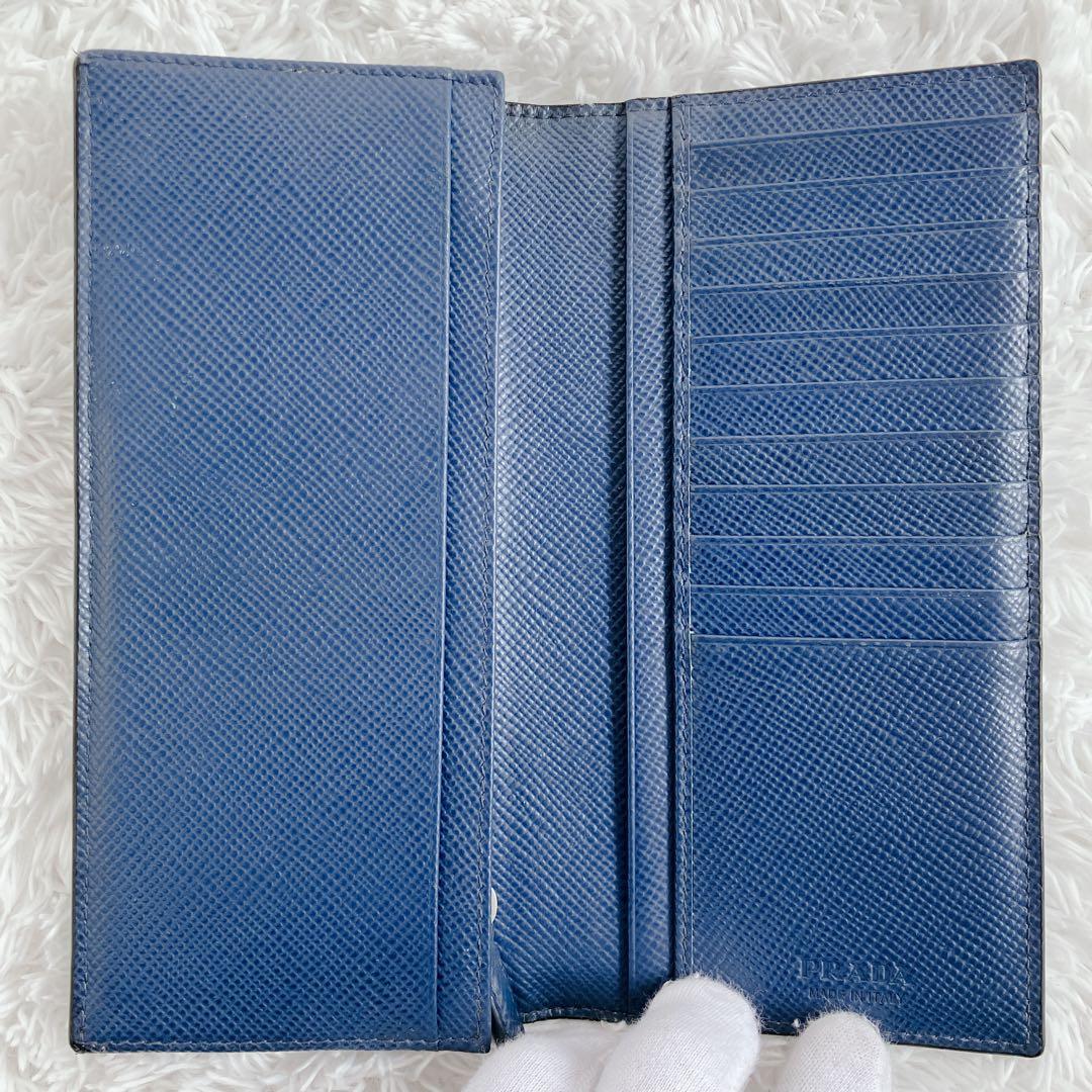 プラダ サフィアーノ 長財布 2MV836レザーバイカラー 黒　青　三角ロゴ
