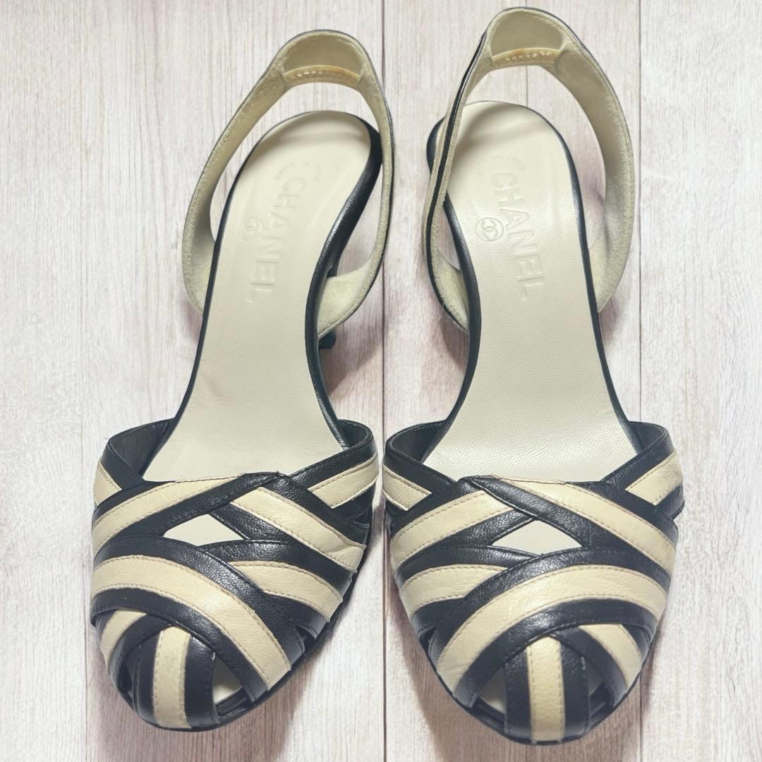 【CHANEL 】ココマーク ベージュ ×ブラック ストラップミュール　パンプス