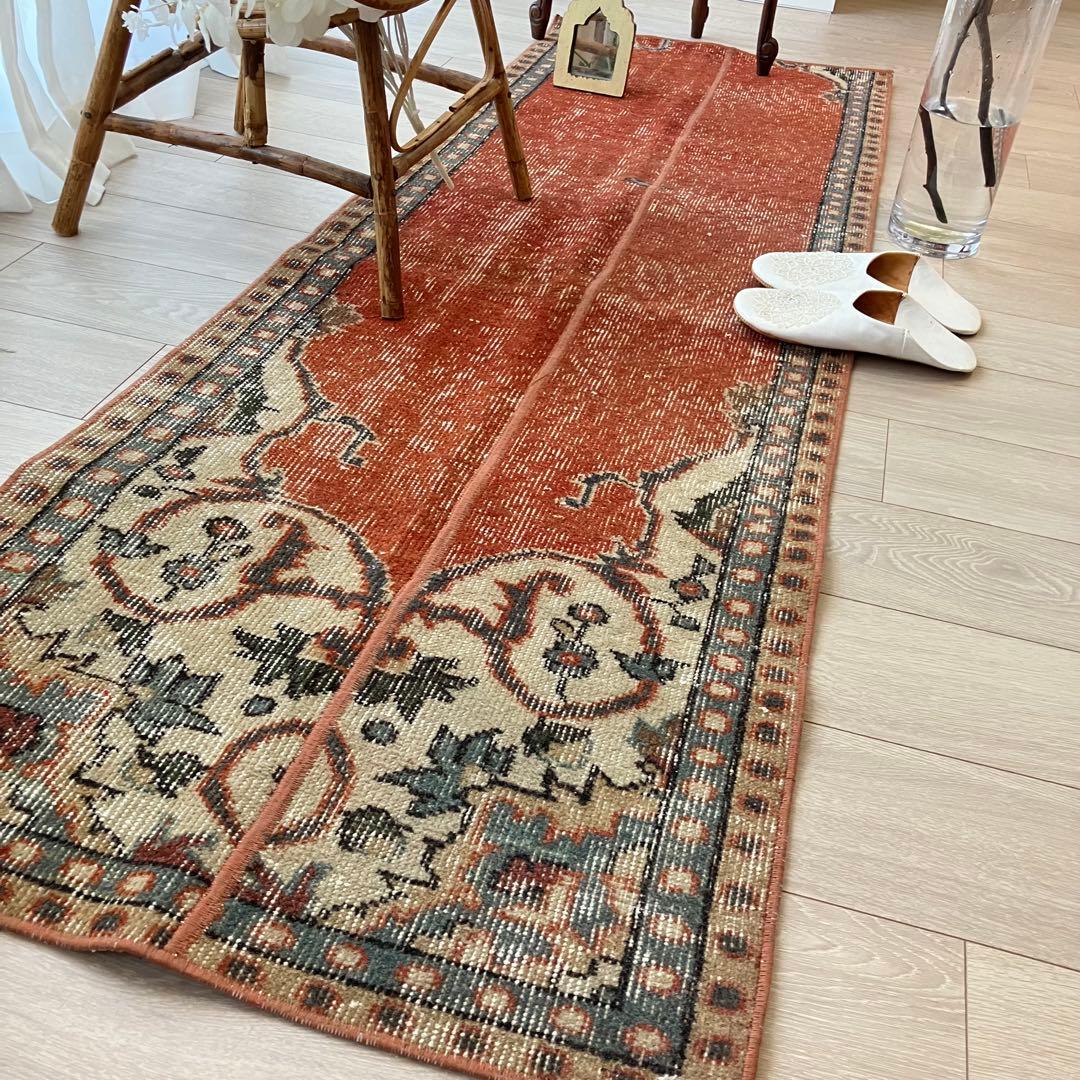 オレンジ✳︎65×187 ブルー　パッチワークランナー　トルコヴィンテージラグ