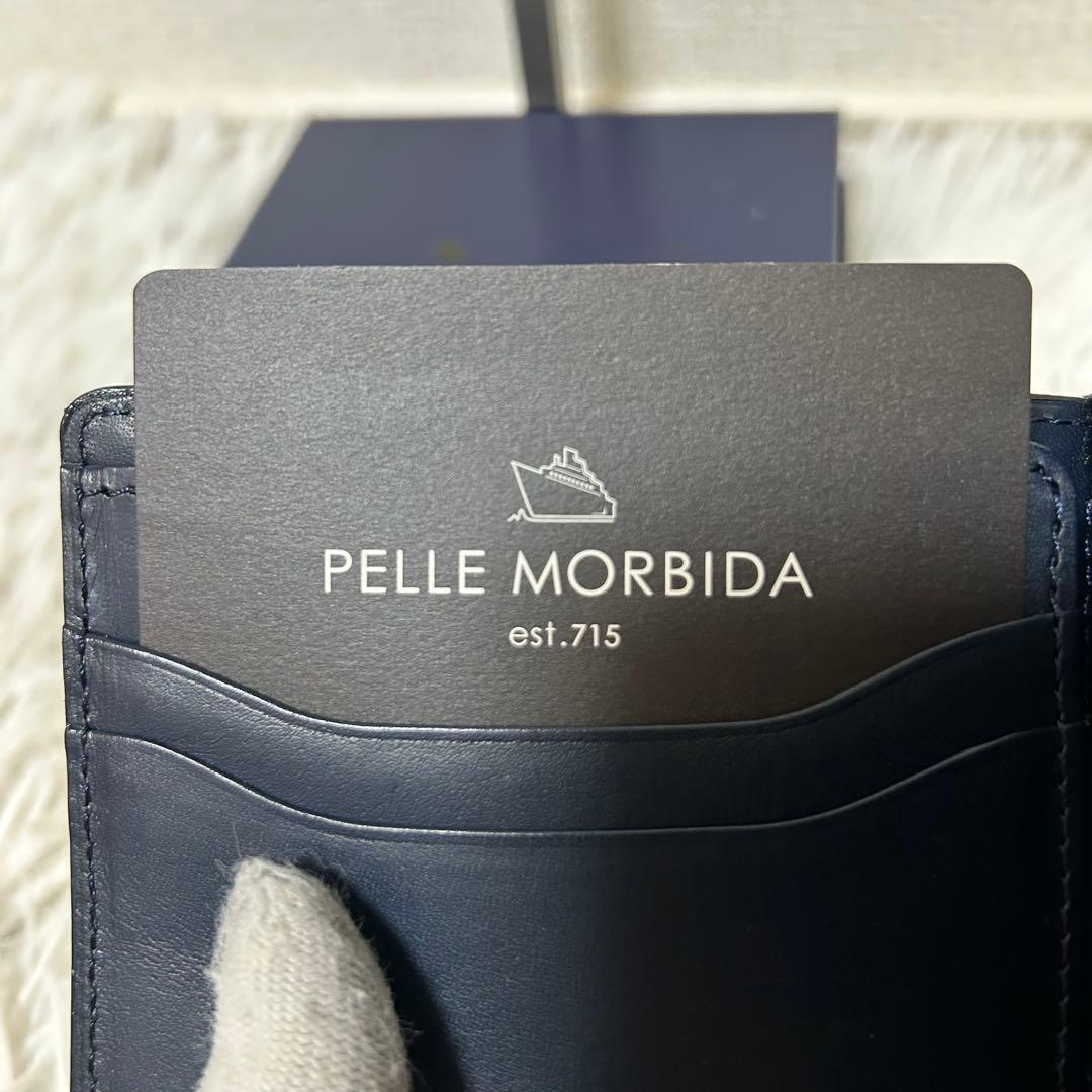 【未使用級✨バルカ】ペッレモルビダ　マネークリップ　財布　ネイビー　レザー　男女