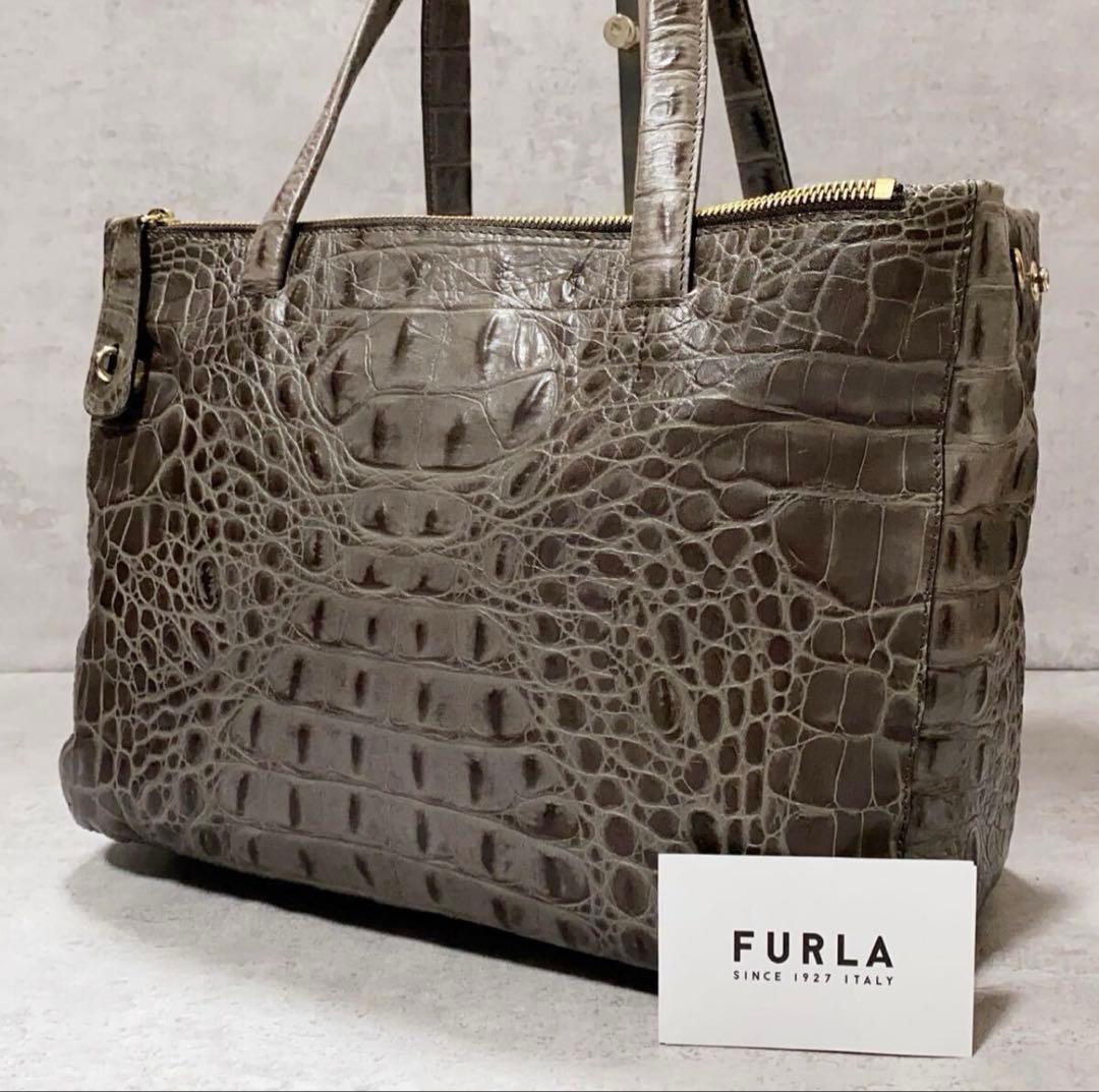 極美品 FURLA フルラ クロコ型押し 2way トートバッグ A4可 大容量