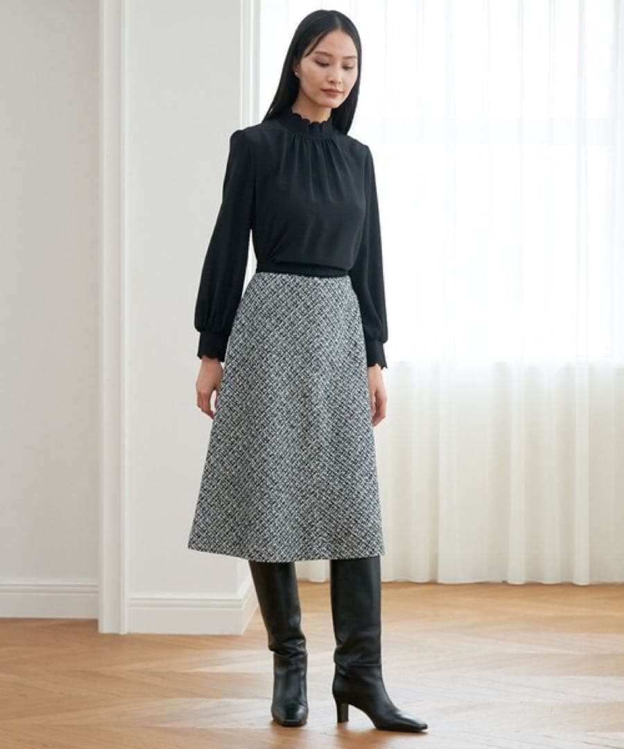 【1342】アナイ　モノトーンツィードスカート　白黒　36