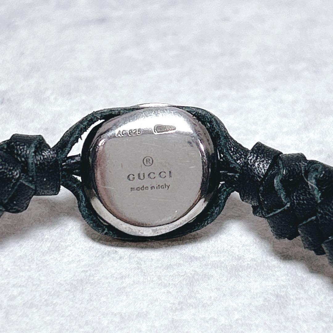 GUCCI グッチ クレスト シルバー925 レザーブレスレット 編み込み 黒