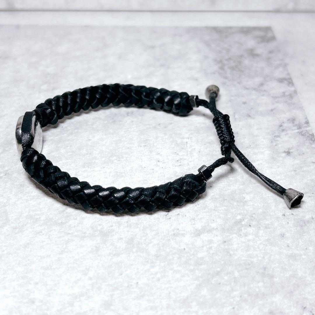 GUCCI グッチ クレスト シルバー925 レザーブレスレット 編み込み 黒