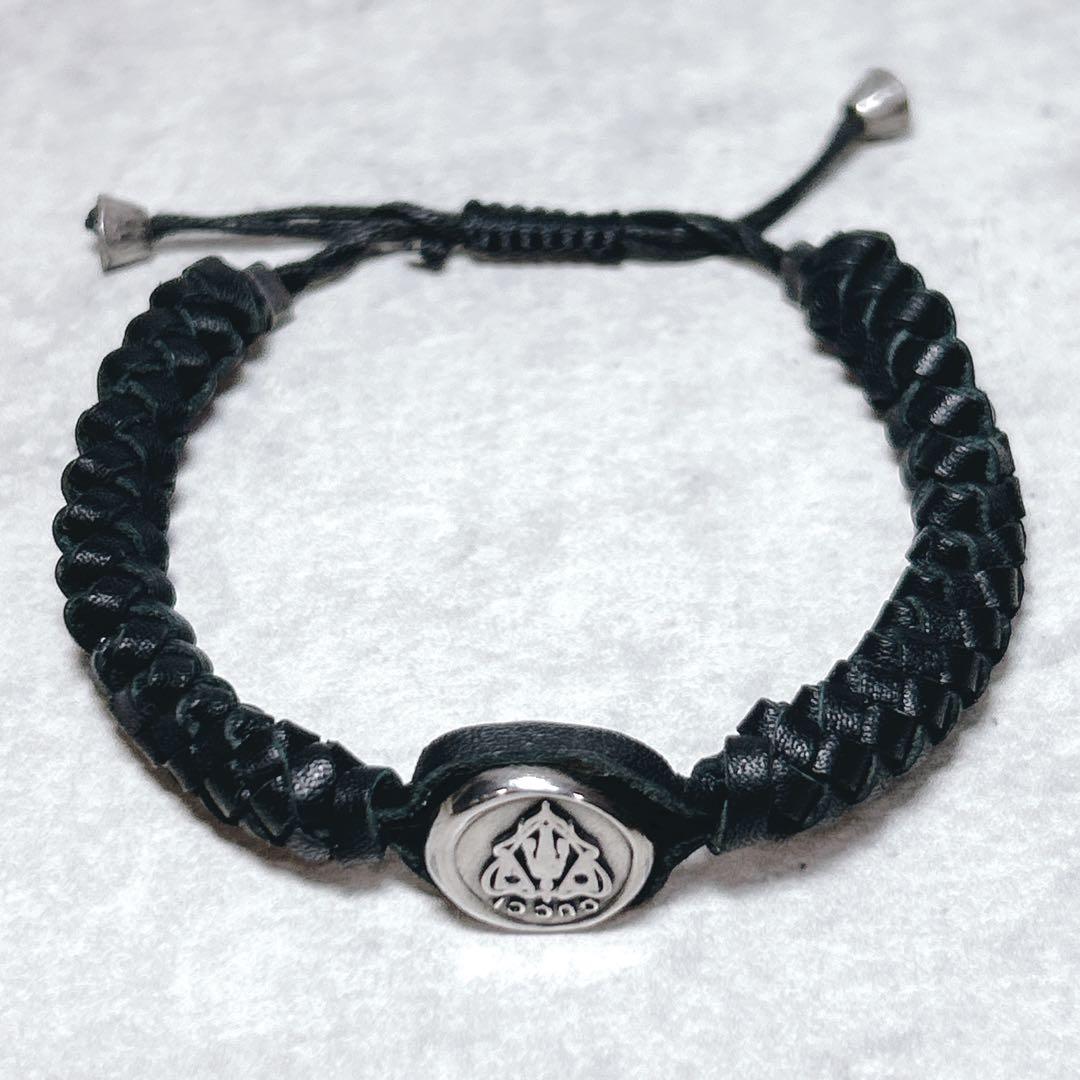 GUCCI グッチ クレスト シルバー925 レザーブレスレット 編み込み 黒