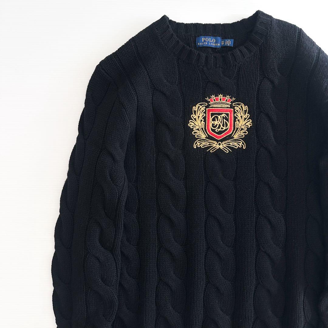 ラルフローレン / エンブレム刺繍 ケーブルニット セーター 黒 カシミヤ