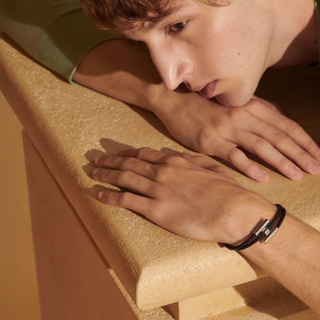 【鑑定済み】エルメスレザーブレスレット/トゥルニトレッセ/ブラックシルバーT5