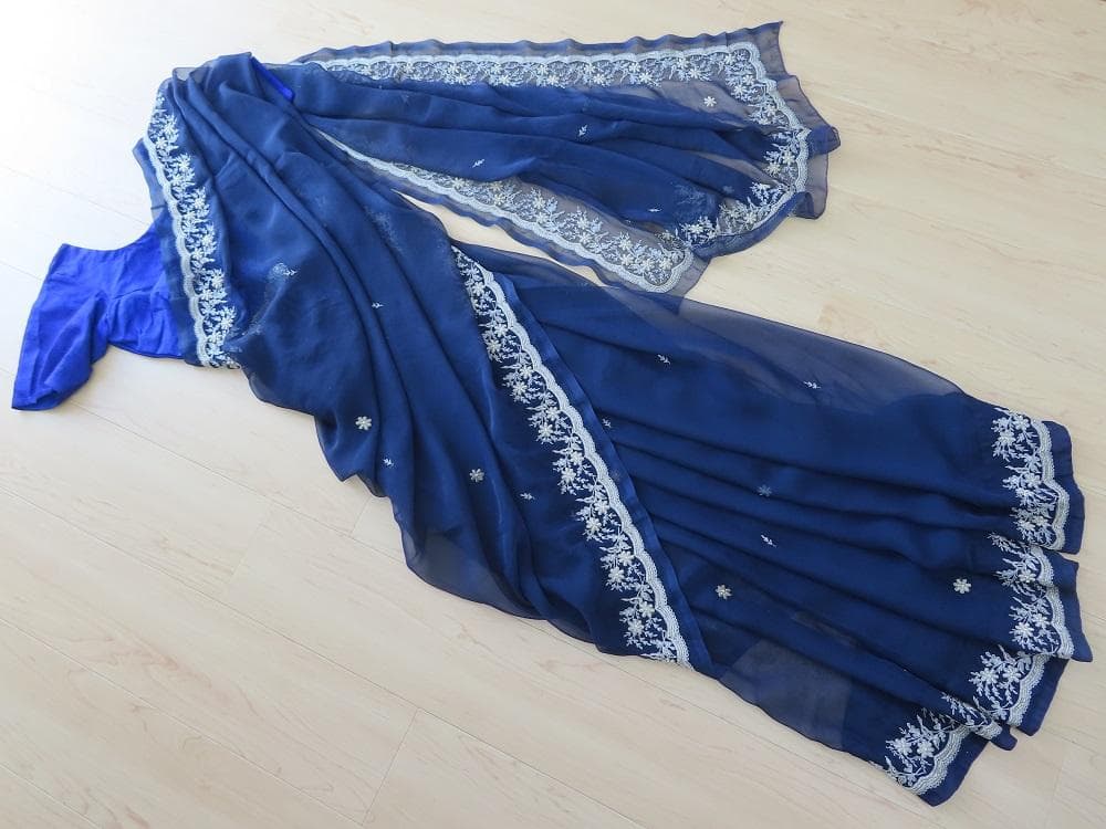 希少 美しいザリワーク アンティーク サリー チョリ ペチコート セット 刺繍