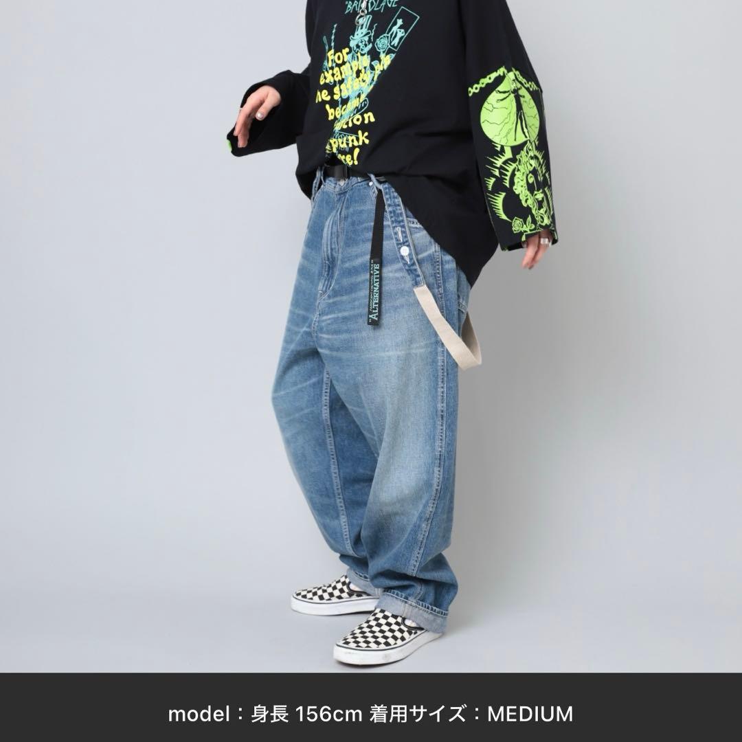 RNA ⿻ サスペンダー ワークパンツ デニム カジュアル ルーズ ベルト付き