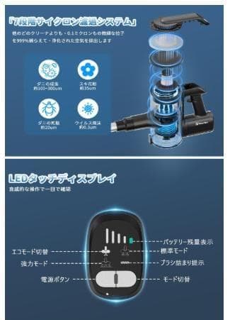 コードレス掃除機 強力吸引55000Pa 軽量 自立式 55分稼働 LED 静音