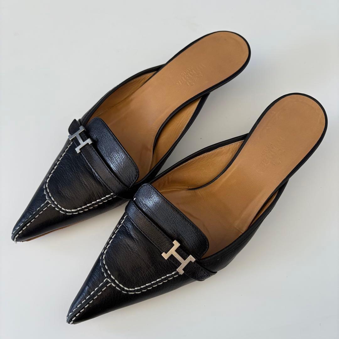 HERMES エルメス Hロゴ ミュール レザー ブラック