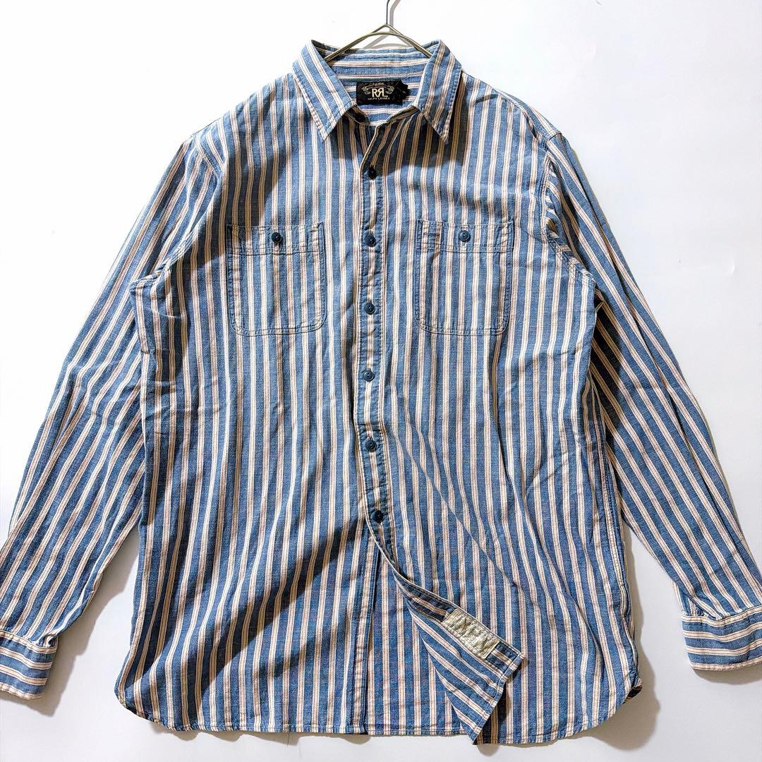 マチ有✨️RRL ブルーストライプワークシャツ インディゴ レッドステッチ L