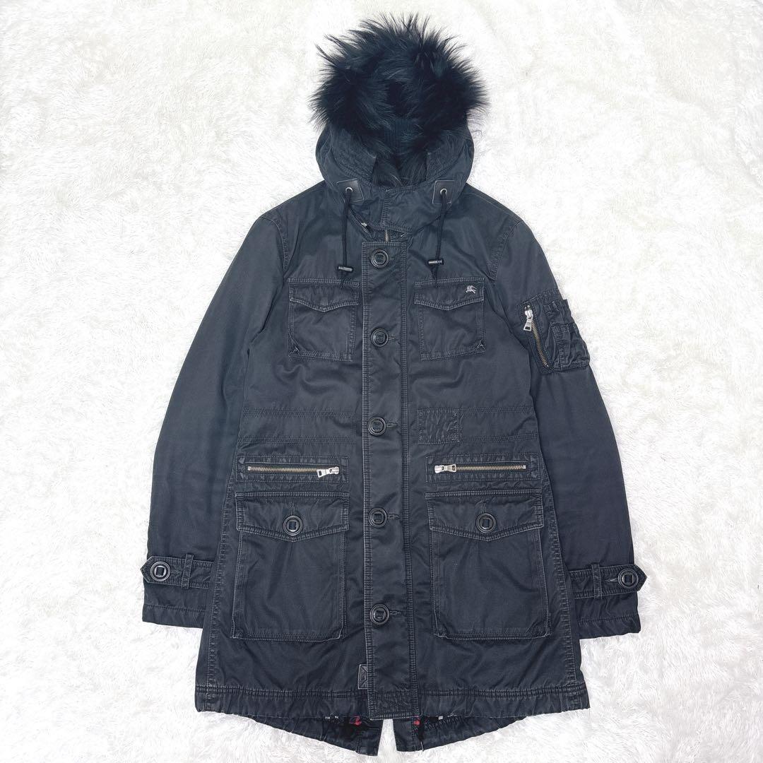 BURBERRY BLACK LABEL ラクーンファー　モッズコート ブラック