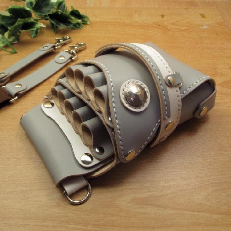 ライトグレー＆ホワイト　９丁差し　本革シザーケース　SCA-243/CHA