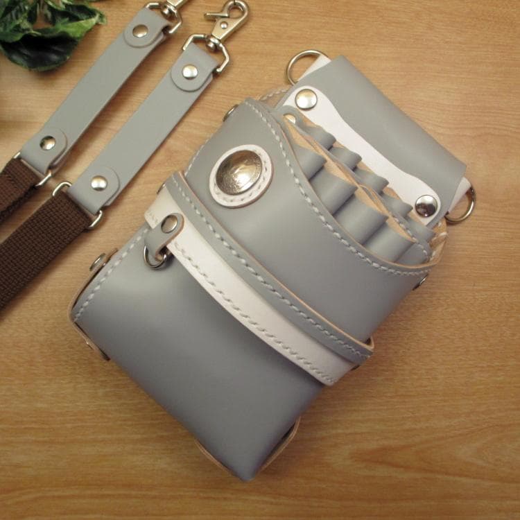 ライトグレー＆ホワイト　９丁差し　本革シザーケース　SCA-243/CHA