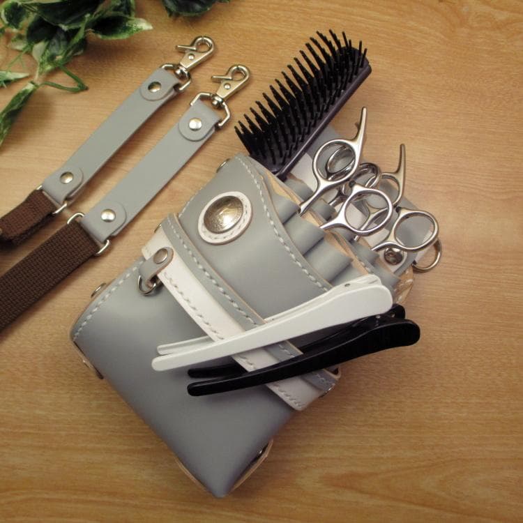 ライトグレー＆ホワイト　９丁差し　本革シザーケース　SCA-243/CHA