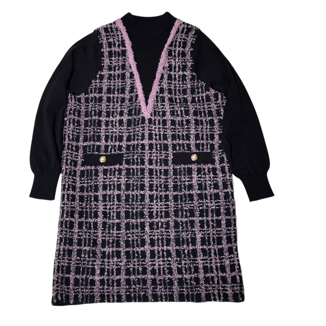 美品 グレースコンチネンタル　ツイード ニットワンピース　36（S相当　ピンク紫