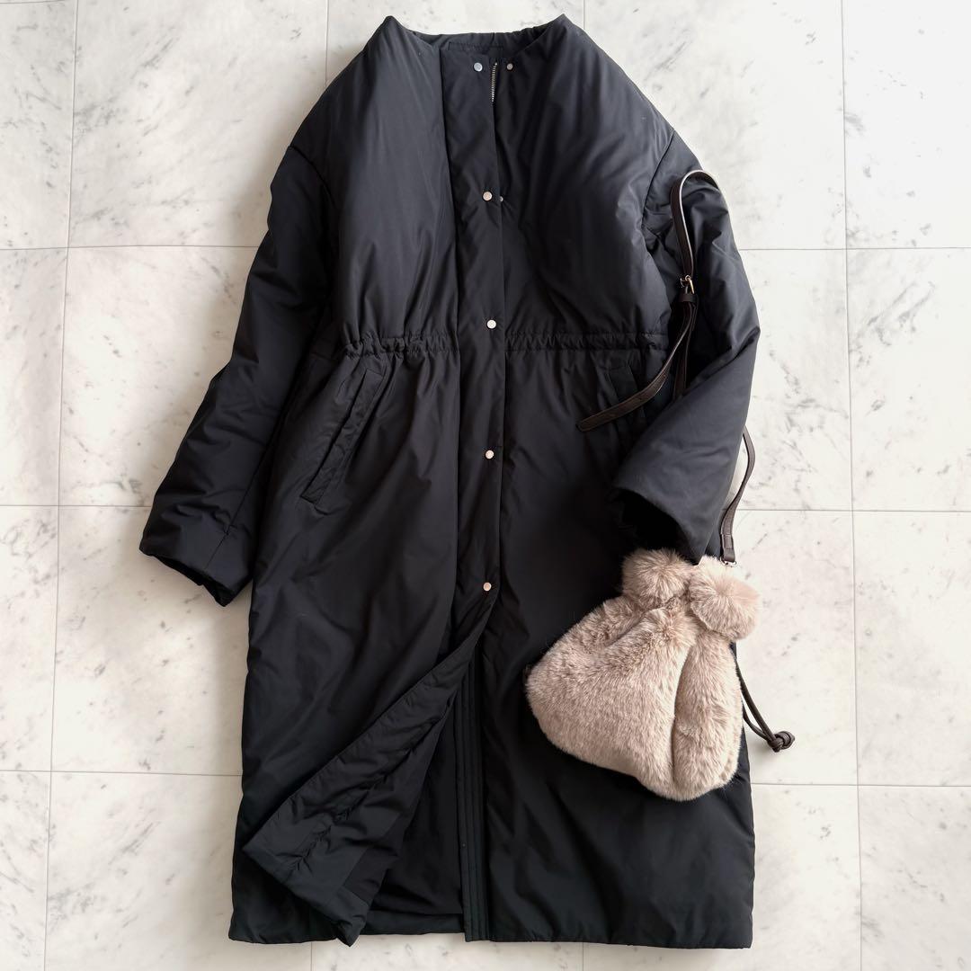 美品 グリーンレーベルリラクシング ノーカラー ダウンコート◆ブラック