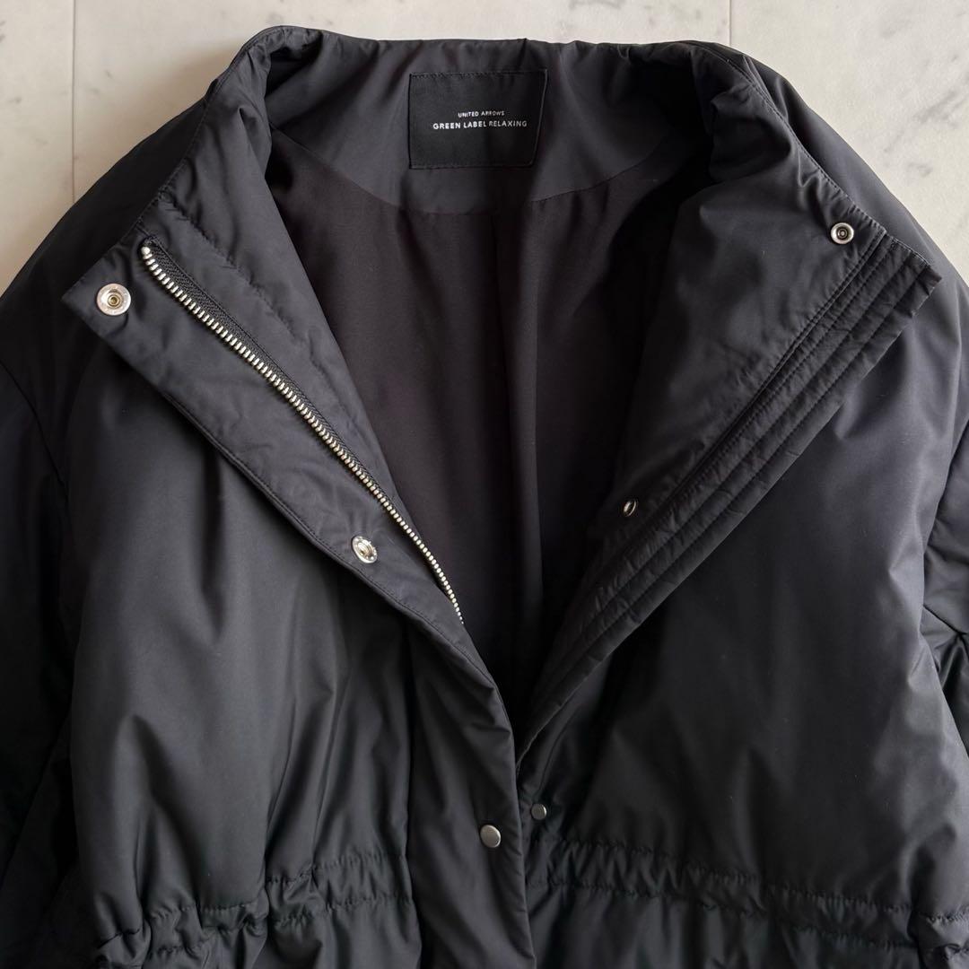美品 グリーンレーベルリラクシング ノーカラー ダウンコート◆ブラック