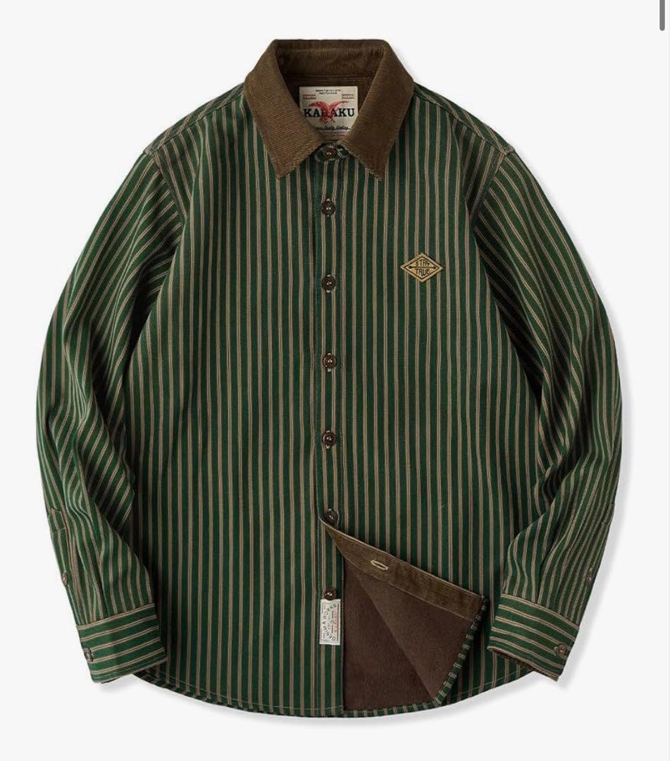 KaraKu シャツ 長袖 メンズ コーデュロイ切替裏フリースストライプシャツ