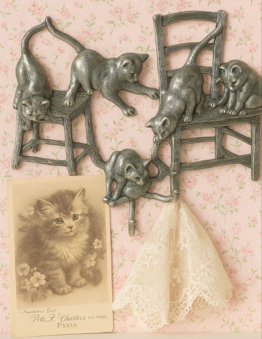 希少　フランスヴィンテージ　猫ちゃんフック　ピューター　アンティーク