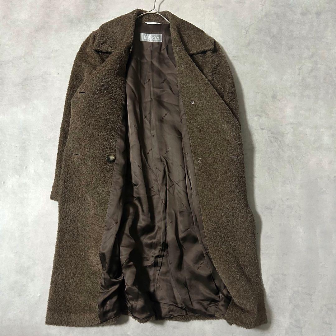 マックスマーラ 銀タグ アルパカシャギーコート ロング 裏地ロゴ ダブル