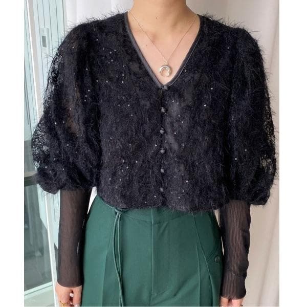 トップス Ameri BRUSHED LACE VOLUME SLEEVE BLOUSE