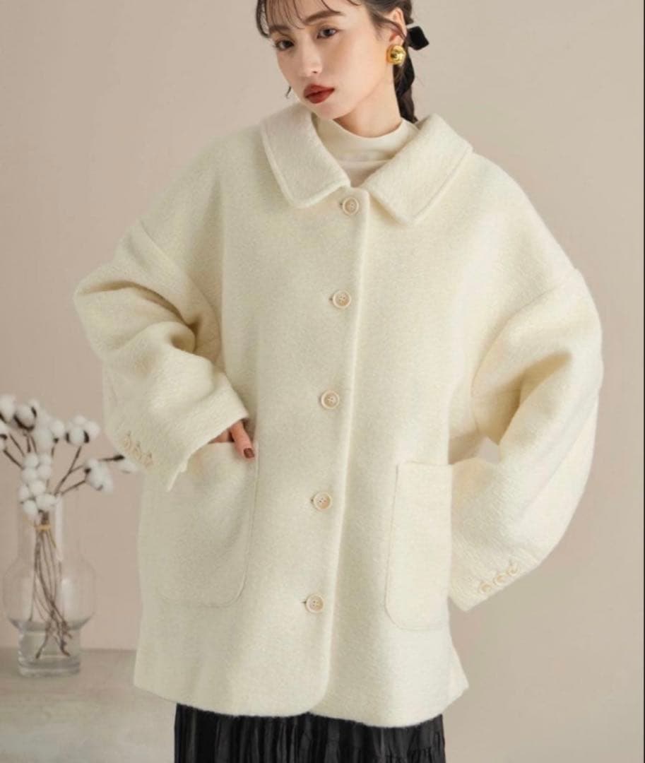 hinari ステンカラーシャギーミドルコート　ホワイト