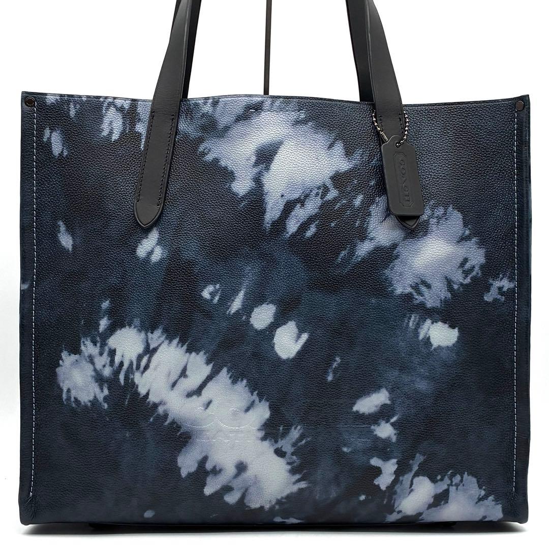 未使用に近い コーチ リレー トート タイダイプリント ロゴ レザー ネイビー