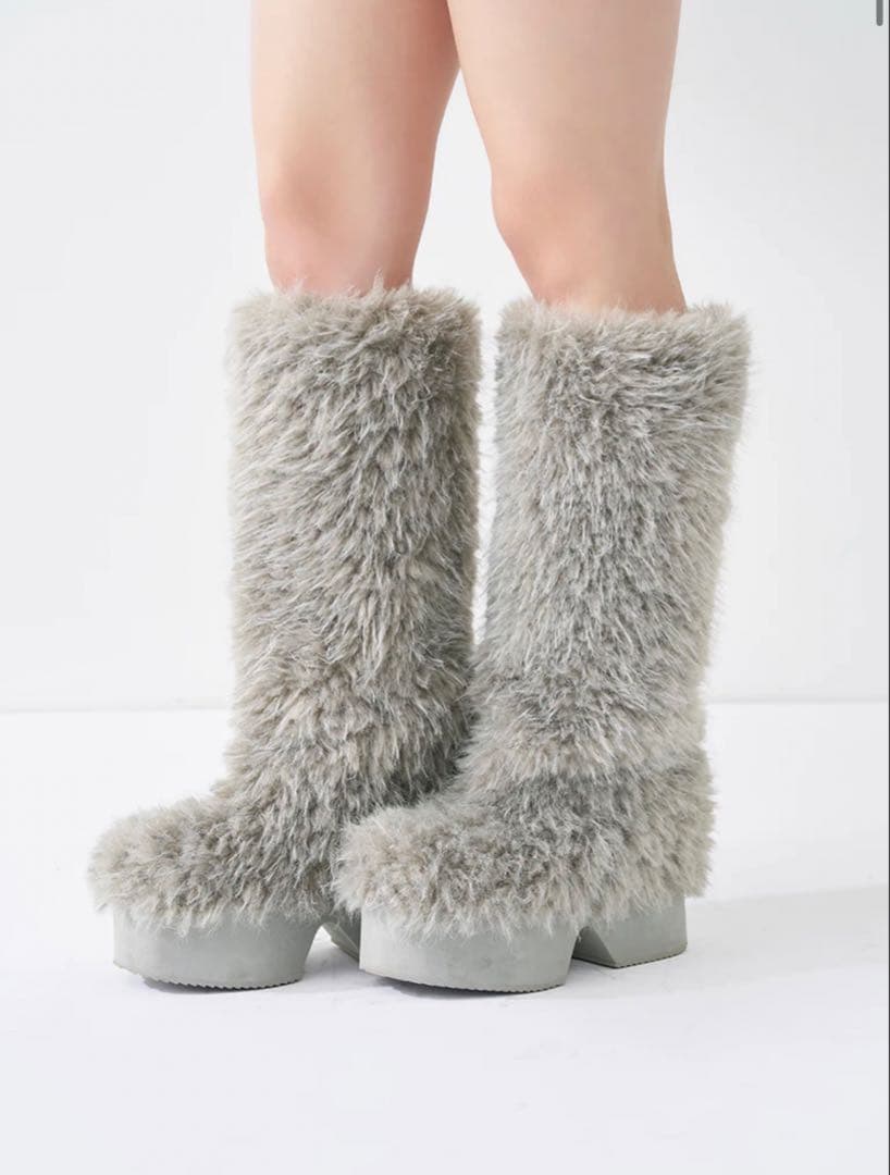 値下げ不可！ Darich ミックスファーロングブーツ GRY Lサイズ