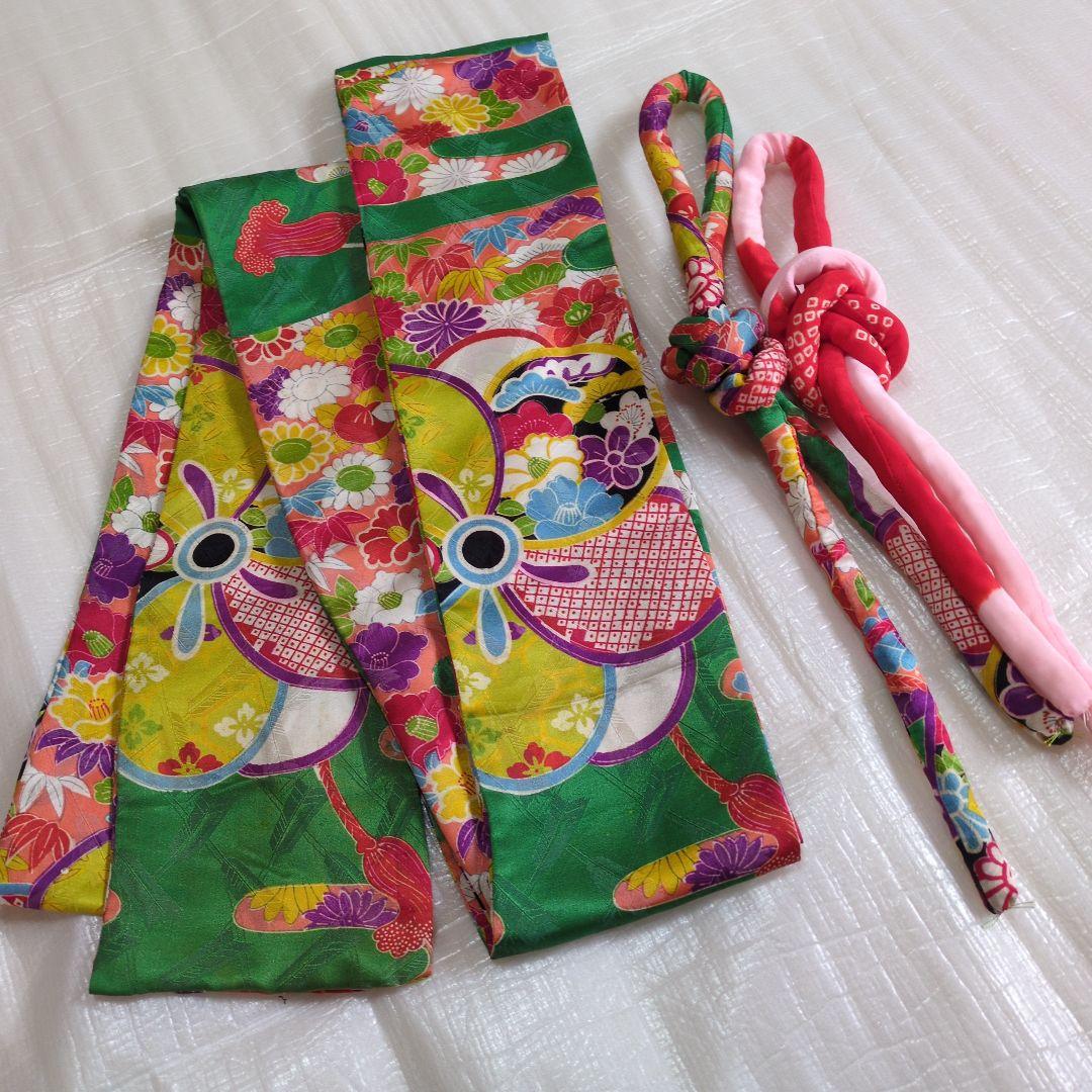 七五三７歳赤色総絞りのお着物と作り帯、帯揚げ帯締めとしごきのセット（長襦袢付き）