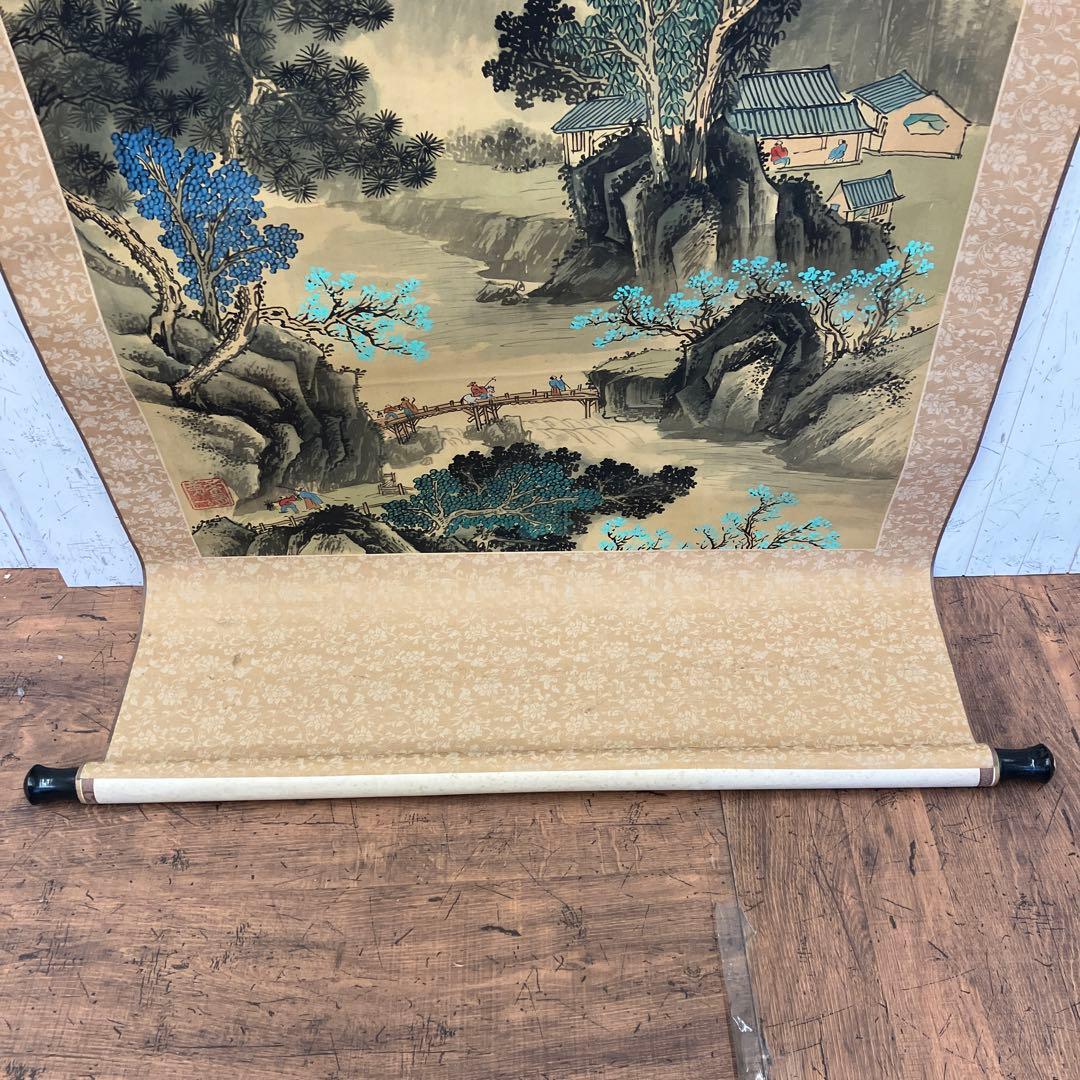 昭和レトロ 中国山水 山水図 彩色山水 春山 水墨画 掛軸 骨董品 絵画 飾り