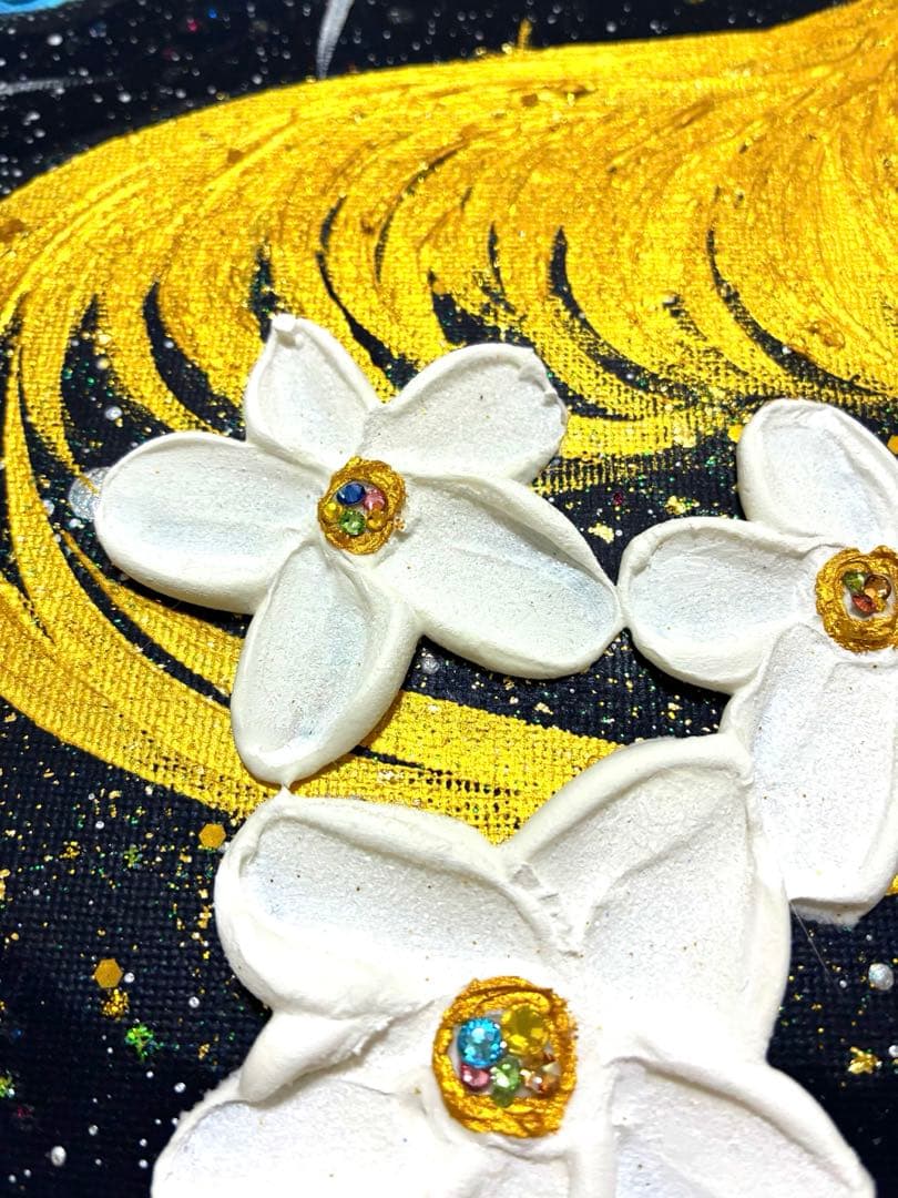 開運絵画　宇宙と金龍　龍神様　運気上昇　金運　健康運　仕事運　金箔　プルメリア