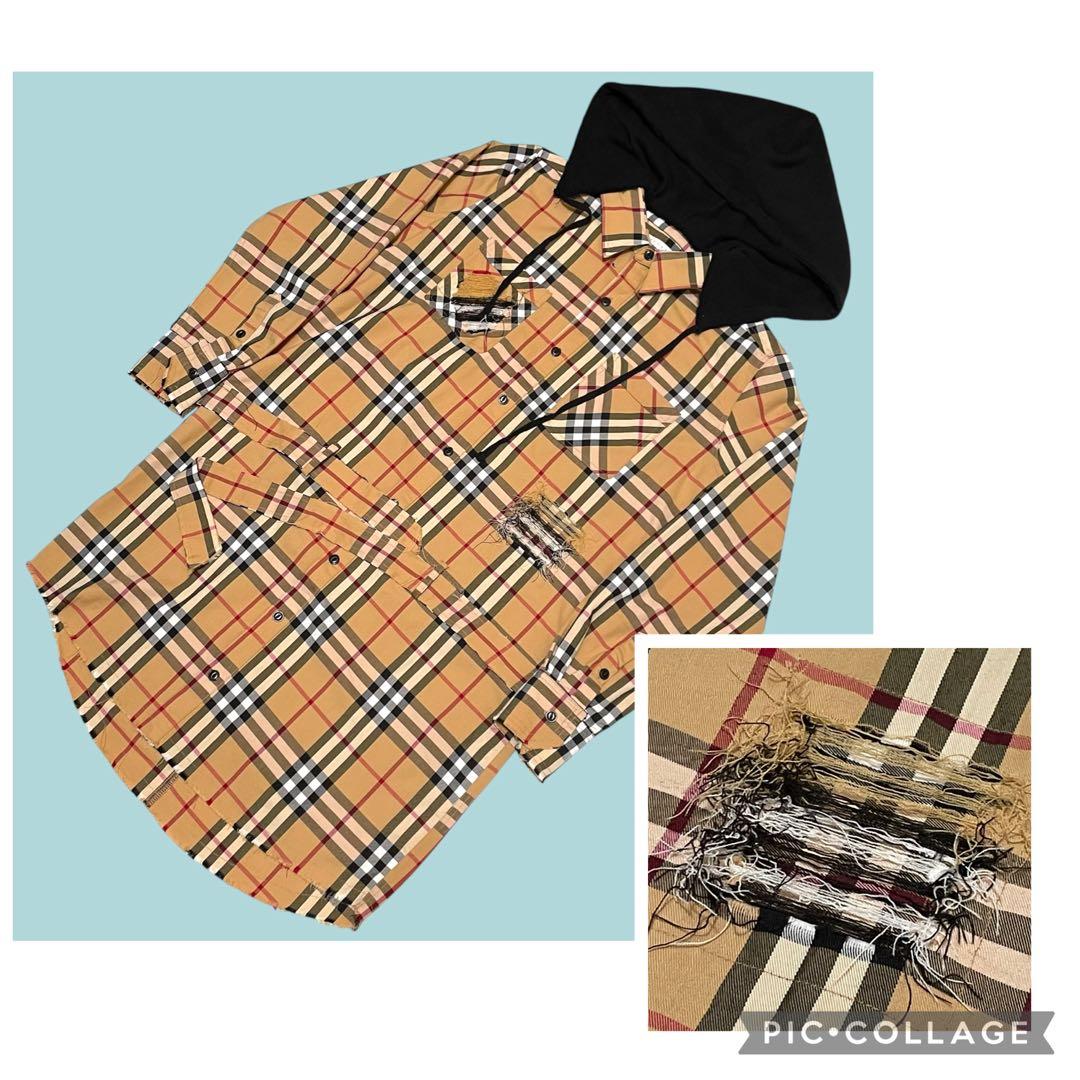 2回着極美品 Bagarch ノバチェック フード着脱可 シャツワンピース 加工