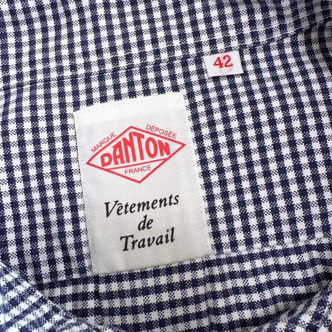 極美品 ダントン プルオーバー 長袖シャツ 丸襟 ギンガムチェック ネイビー×白